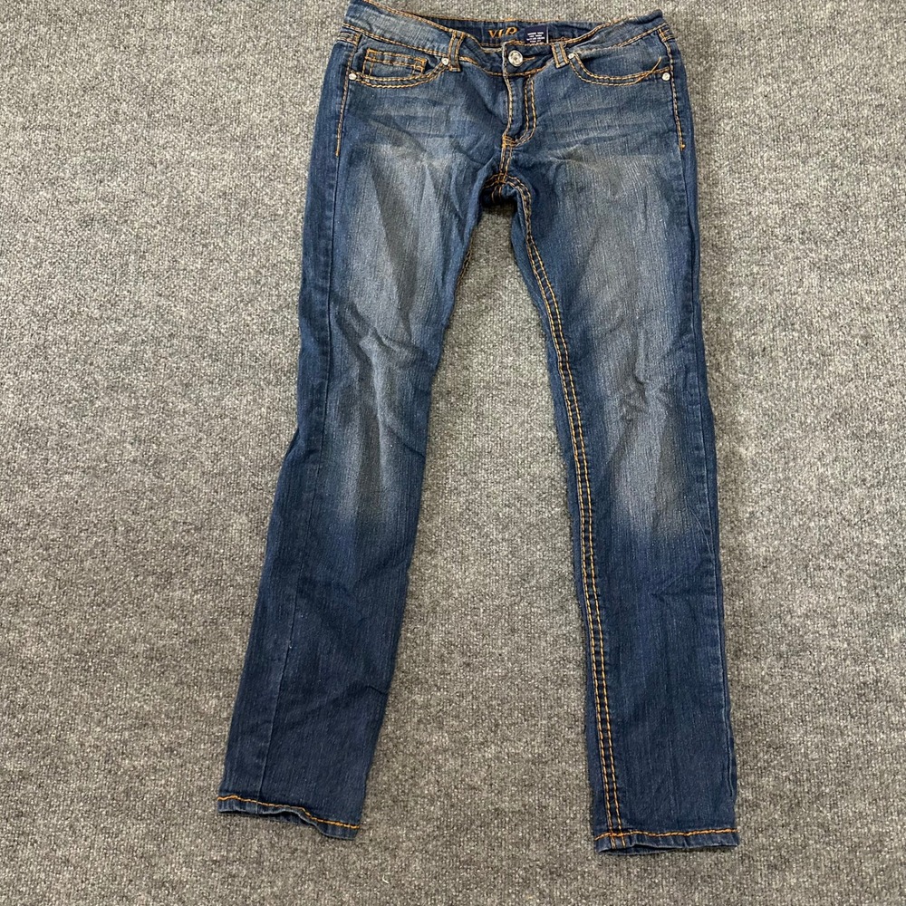 VIP Jeans Womens Size 11/12 Blue Rhinestone Embellished Flap Pocket Skinny Y2K